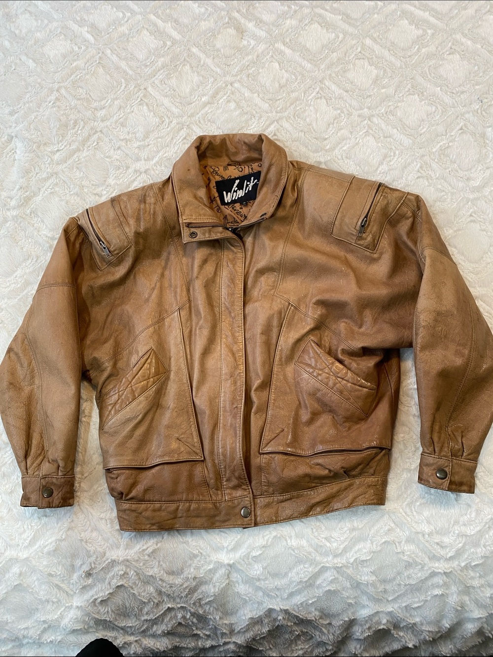 Winlit Men's Tan Brown Leather Bomber Jacket